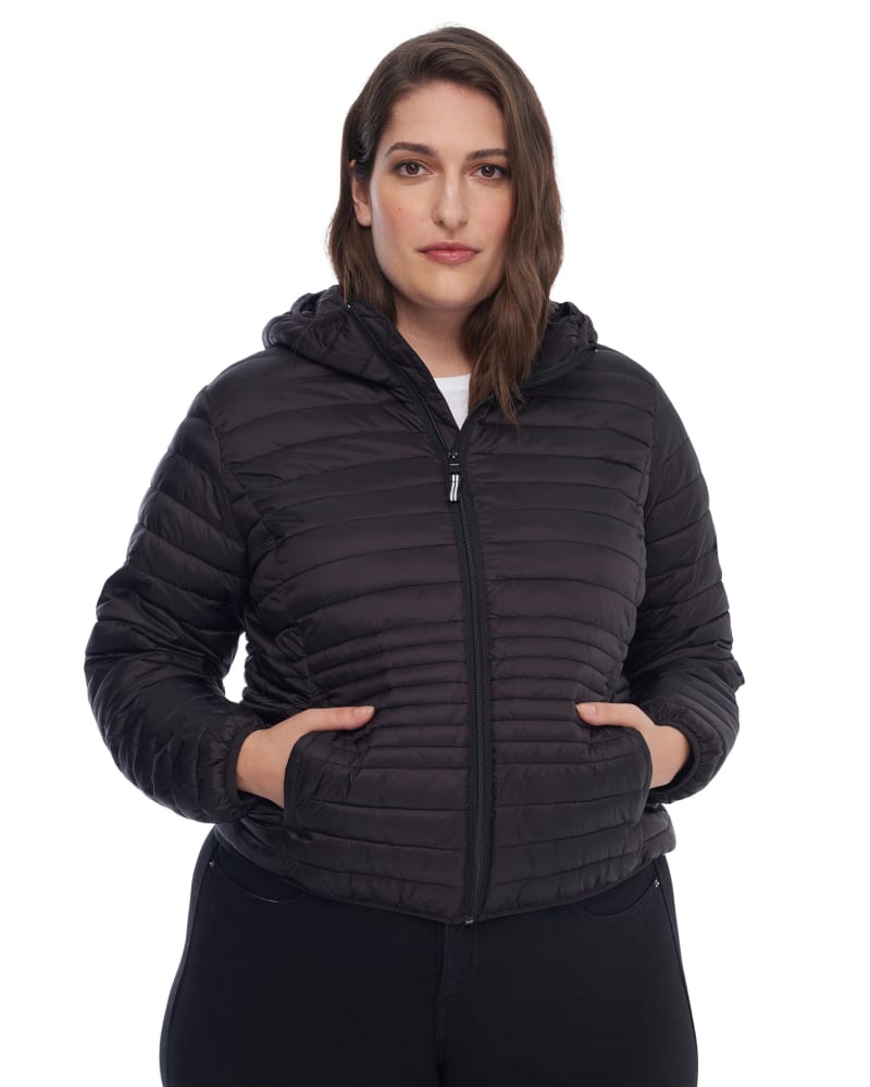 Front of a model wearing a size 1X Vegan Down Lightweight Packable Puffer in Black by Alpine North. | dia_product_style_image_id:279101